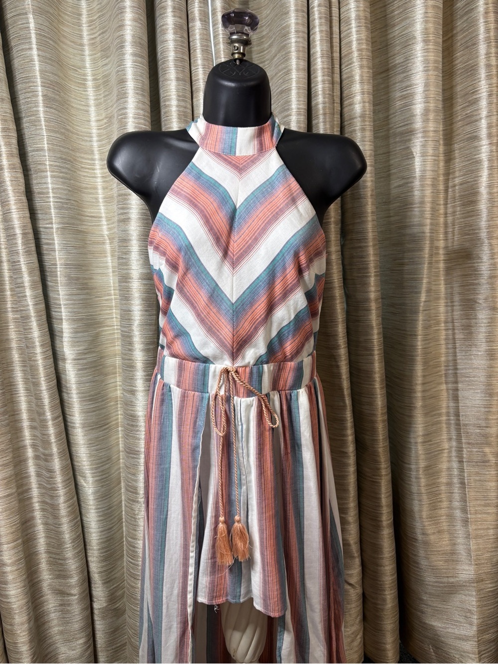 High-Neck Striped Romper in Coral & Teal